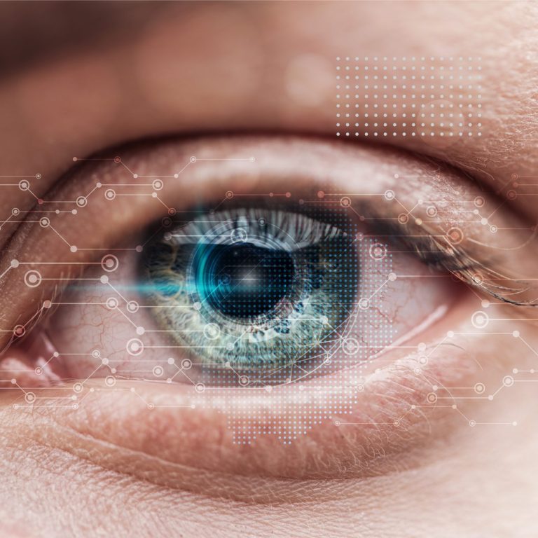 close up view of human green eye with data illustration, robotic concept